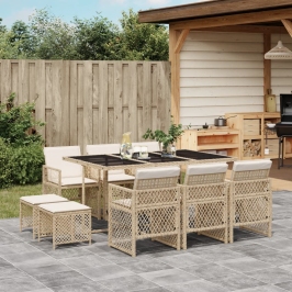 Set comedor de jardín 11 pzas con cojines ratán sintético beige