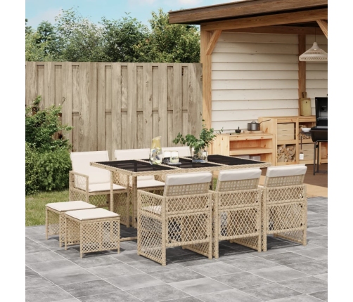 Set comedor de jardín 11 pzas con cojines ratán sintético beige