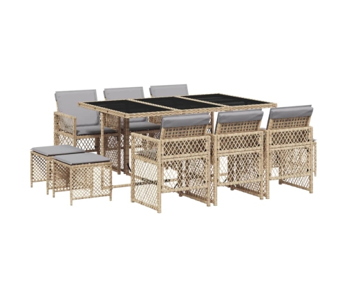 Set comedor de jardín 11 pzas con cojines ratán sintético beige