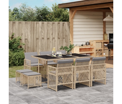 Set comedor de jardín 11 pzas con cojines ratán sintético beige