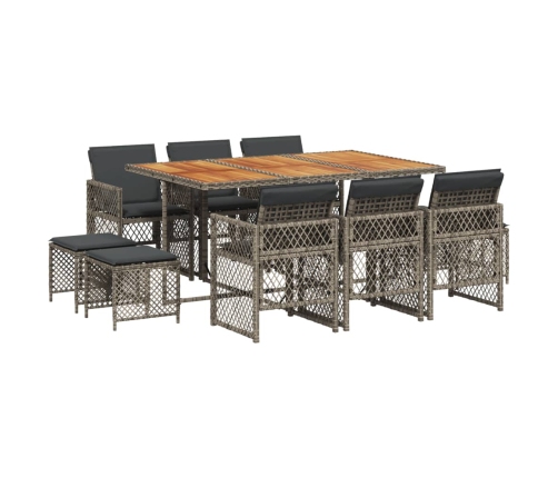 Set de comedor de jardín 11 pzas y cojines ratán sintético gris