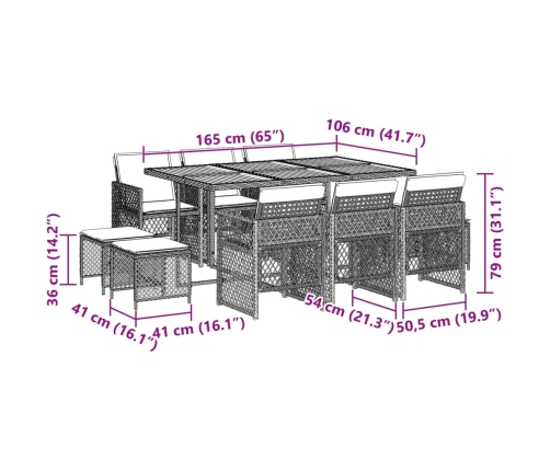 Set de comedor de jardín 11 pzas y cojines ratán sintético gris