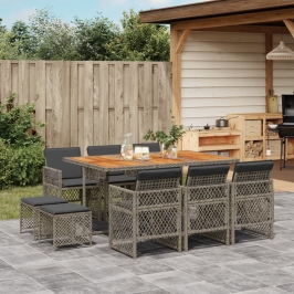 Set de comedor de jardín 11 pzas y cojines ratán sintético gris