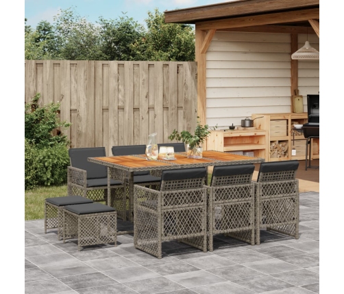 Set de comedor de jardín 11 pzas y cojines ratán sintético gris