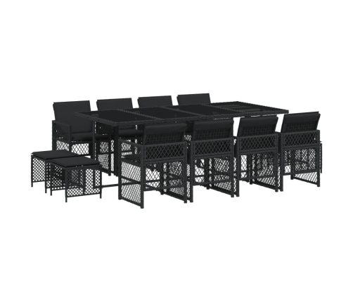 Set comedor de jardín con cojines 13 pzas ratán sintético negro