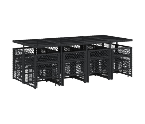 Set comedor de jardín con cojines 13 pzas ratán sintético negro