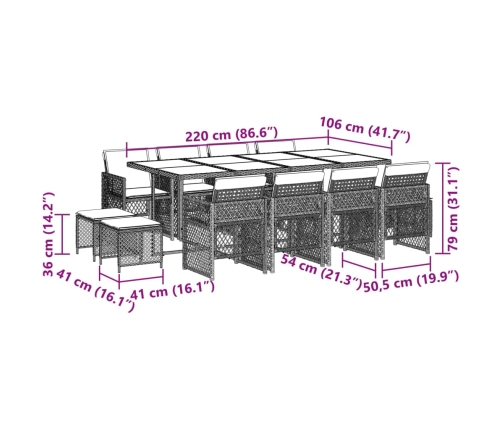 Set comedor de jardín con cojines 13 pzas ratán sintético negro