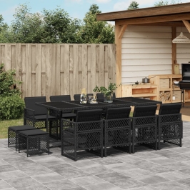 Set comedor de jardín con cojines 13 pzas ratán sintético negro