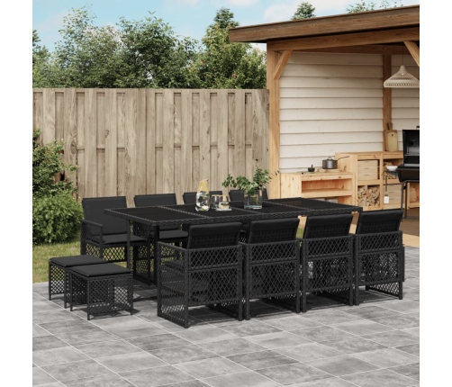 Set comedor de jardín con cojines 13 pzas ratán sintético negro