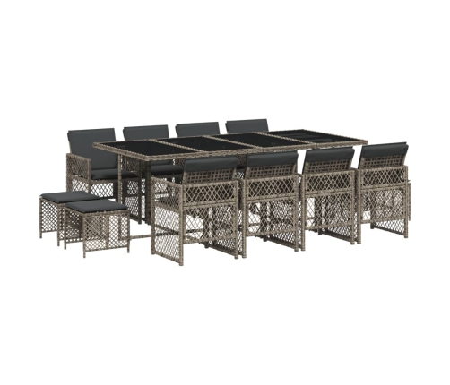 Set comedor de jardín con cojines 13 pzas ratán sintético gris