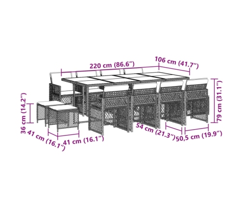 Set comedor de jardín con cojines 13 pzas ratán sintético gris