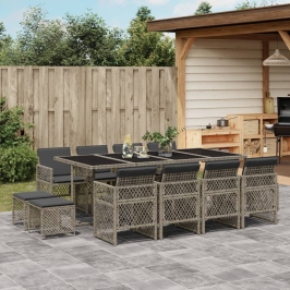 Set comedor de jardín con cojines 13 pzas ratán sintético gris