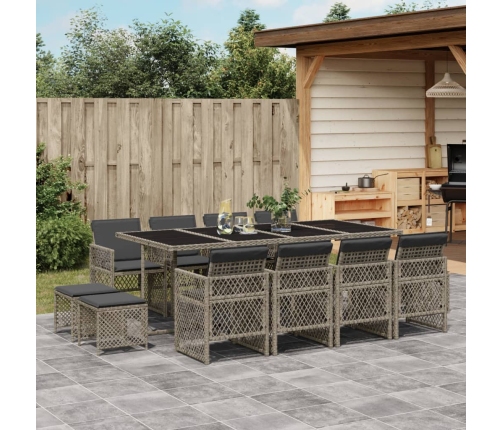 Set comedor de jardín con cojines 13 pzas ratán sintético gris
