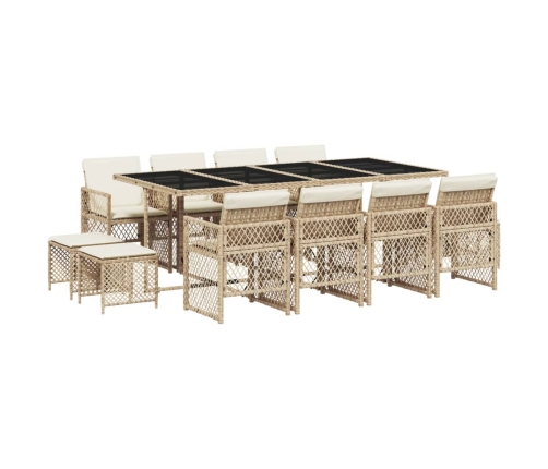 Set comedor de jardín con cojines 13 pzas ratán sintético beige