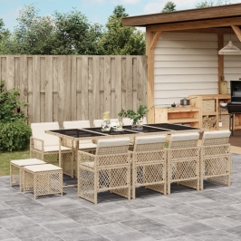 Set comedor de jardín con cojines 13 pzas ratán sintético beige