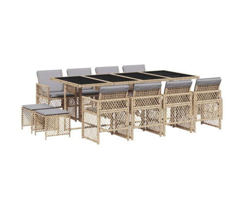 Set comedor de jardín con cojines 13 pzas ratán sintético beige