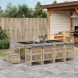 Set comedor de jardín con cojines 13 pzas ratán sintético beige