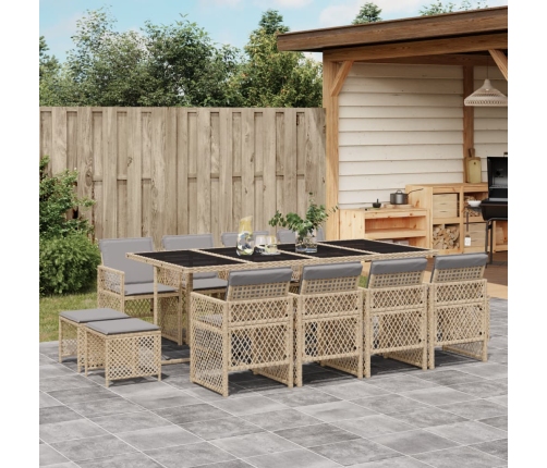 Set comedor de jardín con cojines 13 pzas ratán sintético beige