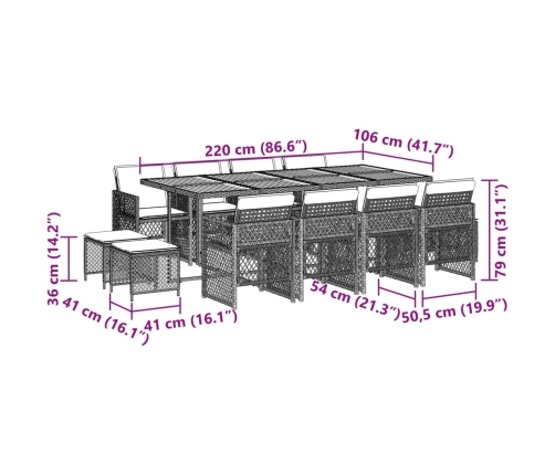Set comedor de jardín con cojines 13 pzas ratán sintético gris