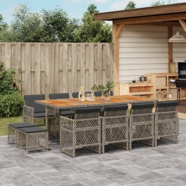 Set comedor de jardín con cojines 13 pzas ratán sintético gris