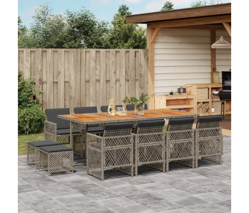 Set comedor de jardín con cojines 13 pzas ratán sintético gris