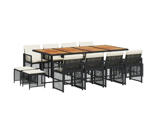Set comedor de jardín con cojines 13 pzas ratán sintético negro
