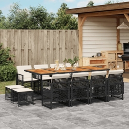 Set comedor de jardín con cojines 13 pzas ratán sintético negro
