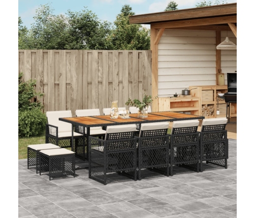 Set comedor de jardín con cojines 13 pzas ratán sintético negro