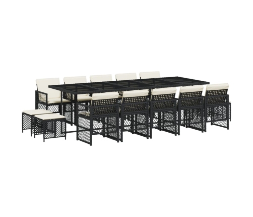 Set comedor de jardín con cojines 15 pzas ratán sintético negro
