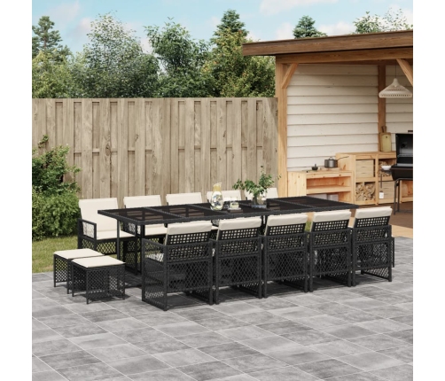 Set comedor de jardín con cojines 15 pzas ratán sintético negro