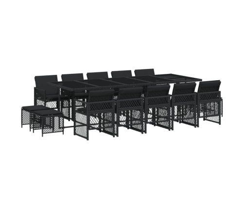 Set comedor de jardín con cojines 15 pzas ratán sintético negro