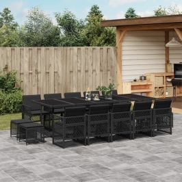 Set comedor de jardín con cojines 15 pzas ratán sintético negro