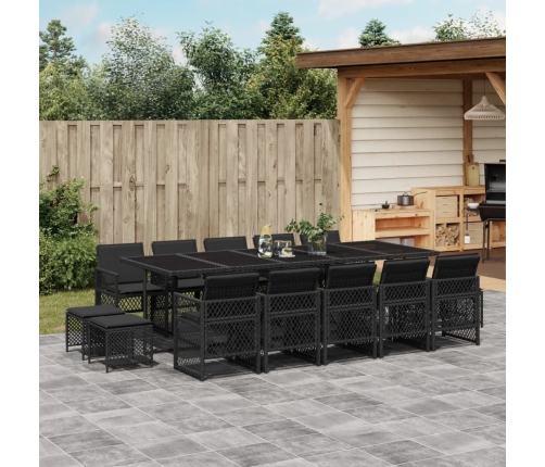 Set comedor de jardín con cojines 15 pzas ratán sintético negro