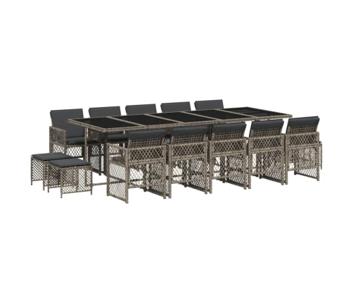 Set comedor de jardín con cojines 15 pzas ratán sintético gris