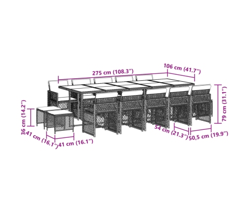Set comedor de jardín con cojines 15 pzas ratán sintético gris