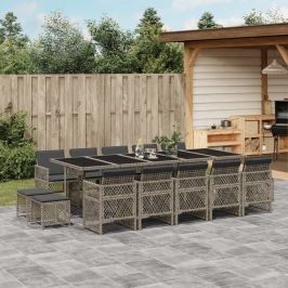 Set comedor de jardín con cojines 15 pzas ratán sintético gris