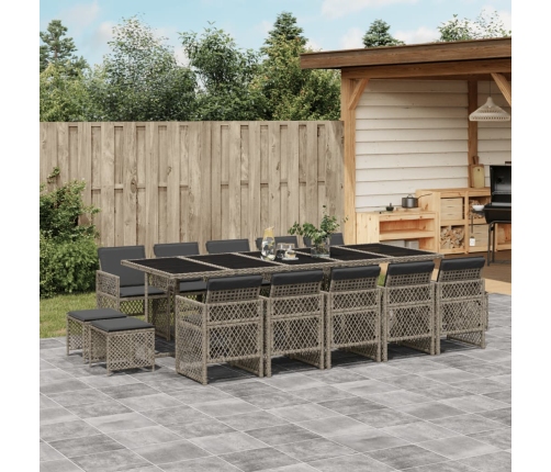 Set comedor de jardín con cojines 15 pzas ratán sintético gris