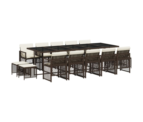 Set comedor de jardín y cojines 15 pzas ratán sintético marrón