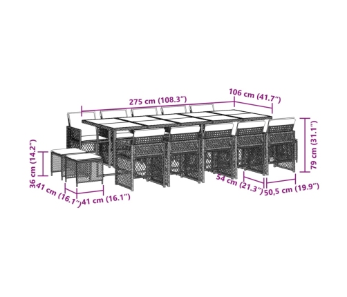 Set comedor de jardín y cojines 15 pzas ratán sintético marrón
