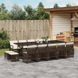Set comedor de jardín y cojines 15 pzas ratán sintético marrón