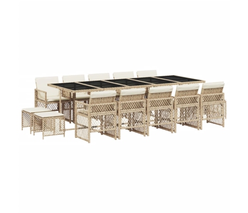 Set comedor de jardín con cojines 15 pzas ratán sintético beige