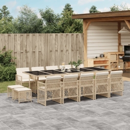 Set comedor de jardín con cojines 15 pzas ratán sintético beige