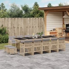 Set comedor de jardín con cojines 15 pzas ratán sintético beige