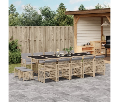 Set comedor de jardín con cojines 15 pzas ratán sintético beige