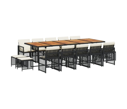 Set comedor de jardín con cojines 15 pzas ratán sintético negro