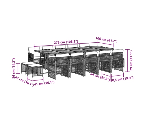Set comedor de jardín con cojines 15 pzas ratán sintético negro