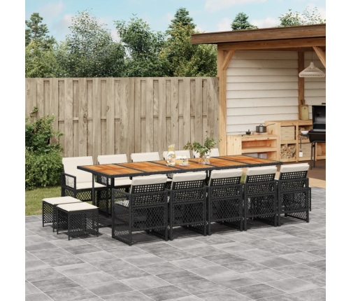 Set comedor de jardín con cojines 15 pzas ratán sintético negro
