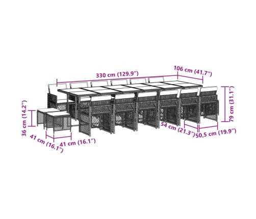 Set comedor de jardín 17 pzas y cojines ratán sintético gris