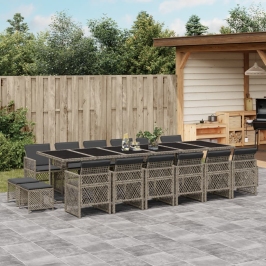 Set comedor de jardín 17 pzas y cojines ratán sintético gris