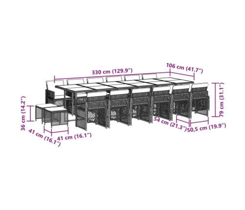 Set comedor jardín y cojines 17 pzas ratán sintético gris claro